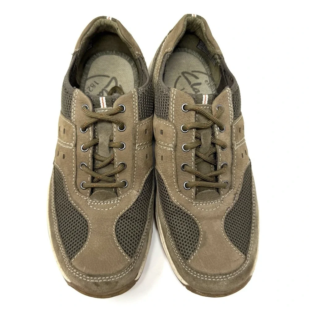 Clarks AllSton Low Size 7.5M Mens Tan Olive Leather Lace Up Casual Shoes Sneaker